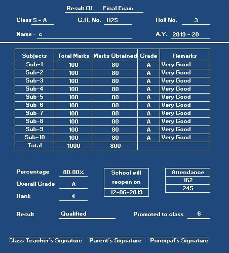 Report Card Template Excel