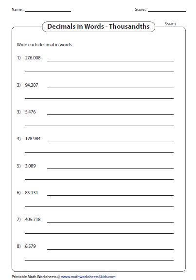 Writing Decimals In Words Worksheets