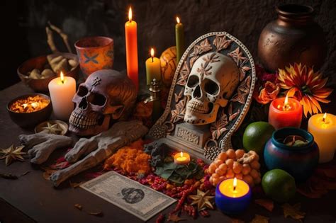 Premium AI Image | Day of the dead altar with offerings and candles to ...