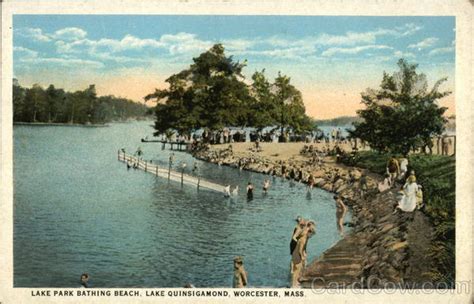 Lake Park Bathing Beach, Lake Quinsigamond Worcester, MA Postcard