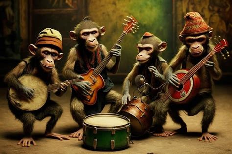 Premium Photo | Monkeys playing instruments with a drum set on the left.