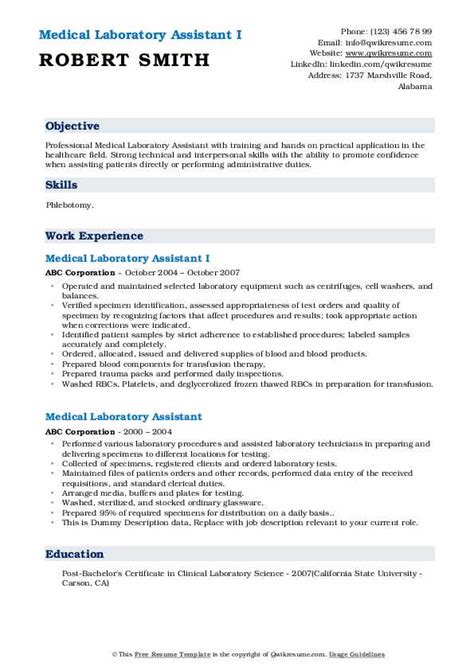 Medical Laboratory Assistant Resume Samples | QwikResume