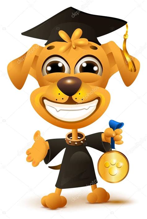 Dog school graduation. Yellow puppy in black robe holds reward — Stock ...