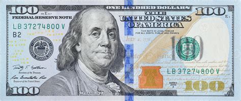 Portrait of US president Benjamin Franklin on 100 dollars banknote ...