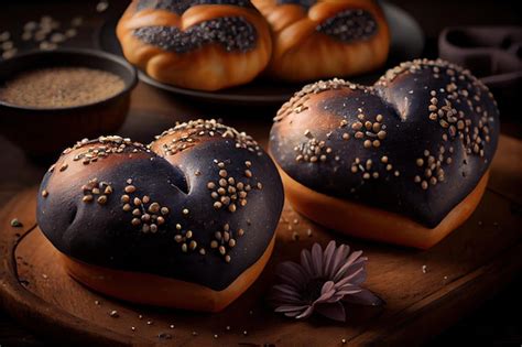 Premium AI Image | Heartshaped poppy seed buns with dark glaze and seeds