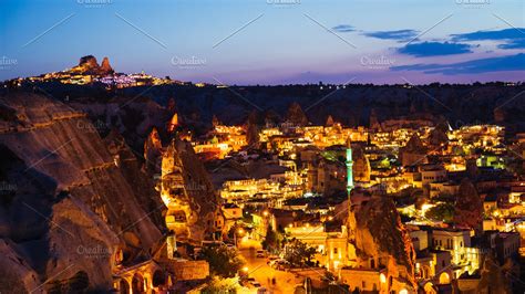 Goreme village in Cappadocia at night in Turkey | High-Quality ...