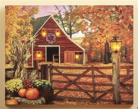 Lighted Country Autumn Barn Wall Art Hanging Canvas Picture Home Decor ...