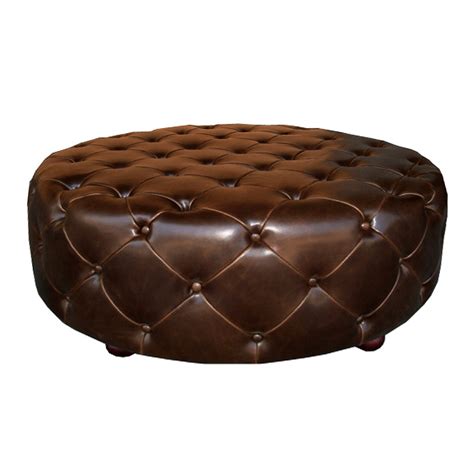 Soho Tufted Round Ottoman- Brown Leather | Zin Home