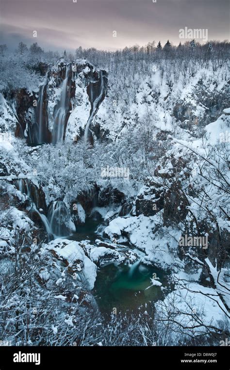 Plitvice Lakes Big Waterfall in winter snow, National Park Plitvice ...