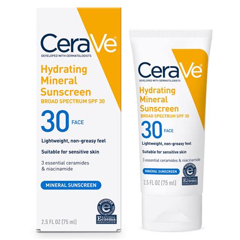 CeraVe 100% Mineral Sunscreen SPF 30 for Sensitive Skin with Hyaluronic ...