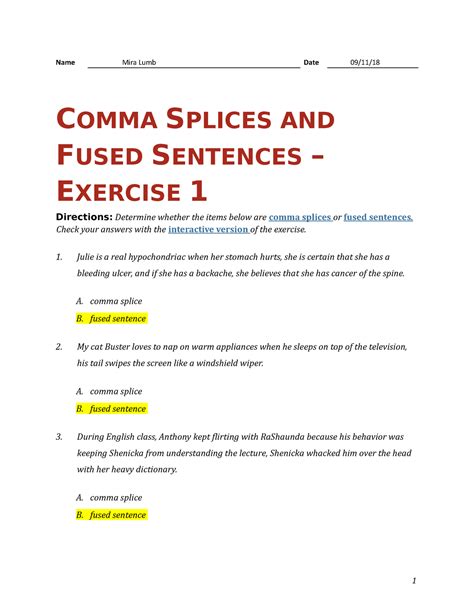 Comma Splices and Fused Sentences - Name Mira Lumb Date COMMA SPLICES ...