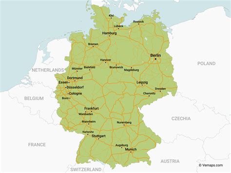 Map of Germany with Roads and biggest Cities | Free Vector Maps