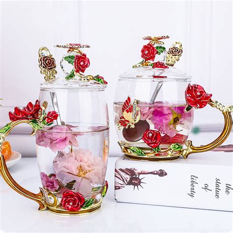 Flower Glass Tea Mug Flower Lead-Free Hand Made Enamel Rose Clear Glass ...