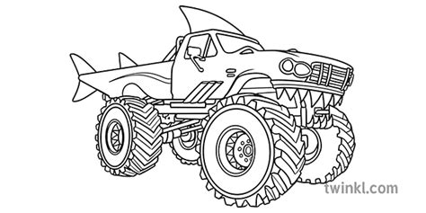 Shark Monster Truck Colouring Page black and white RGB Illustration ...