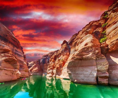 Wide Angle Sunset View of Antelope Canyon in Lake Powell, Arizona Stock ...