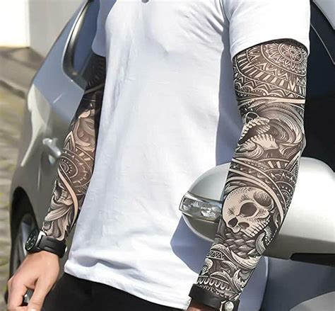 2 X Tattoo Arm Sleeves Fake Nylon Elastic Stocking Full Arm Skulls ...