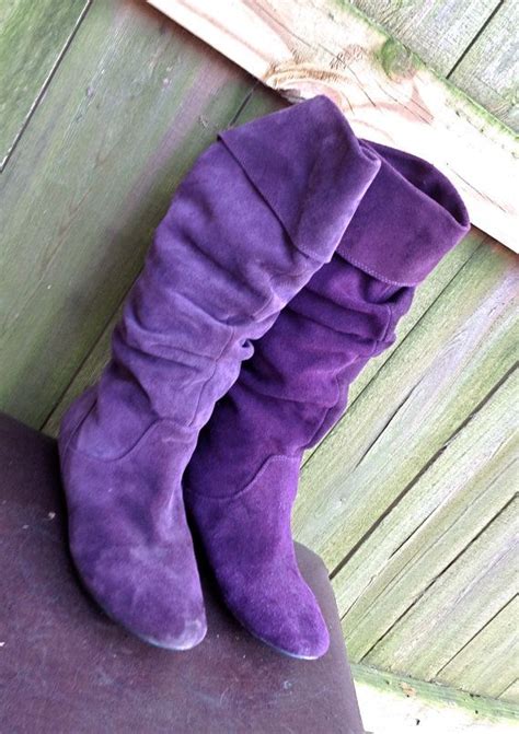 Vintage Purple Suede Flat Boots Slouchy Tall Foldover | Etsy | Purple ...