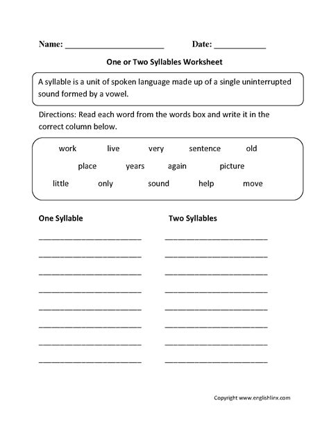 Free Syllable Worksheets