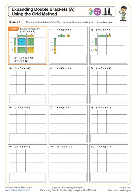 Expanding Double Brackets (A) Using the Grid Method Worksheet | Cazoom ...