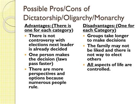 PPT - Possible Pros/Cons of Dictatorship/Oligarchy/Monarchy PowerPoint ...