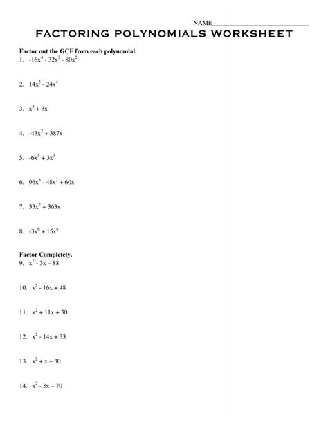 FACTORING POLYNOMIALS WORKSHEET