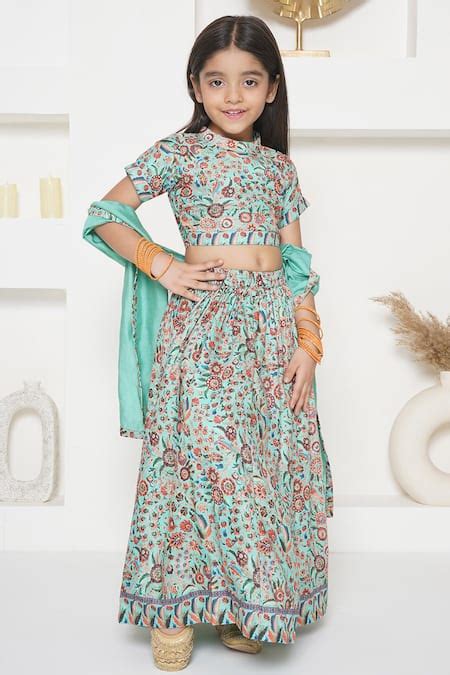 Buy Green Cotton Silk Printed Floral Garden Lehenga Set For Girls by ...