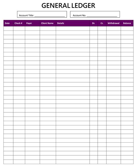 Printable Accounting Ledger Paper Template General Ledger Sheet ...