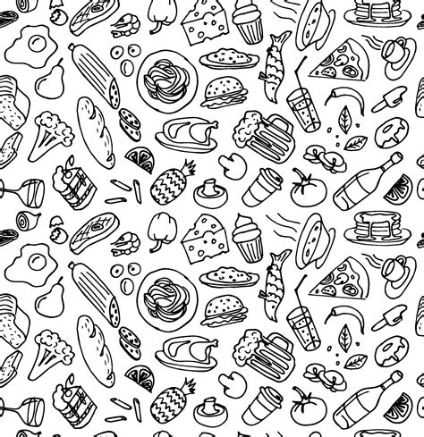 Various hand drawn food cookery doodle outline sketch seamless pattern ...