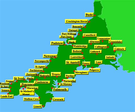 Map of Cornwall with Towns