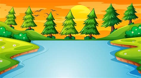 Free Vector | Landscape scene of forest with river and many trees