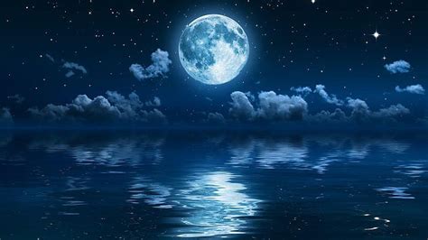 full moon, stars, sea, sky, night, night sky HD wallpaper | Moon and ...