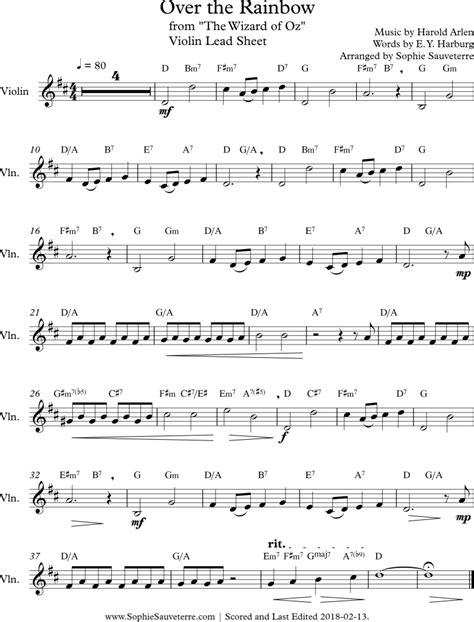 Over the Rainbow from “The Wizard of Oz” – Violin Lead Sheet / Sheet ...