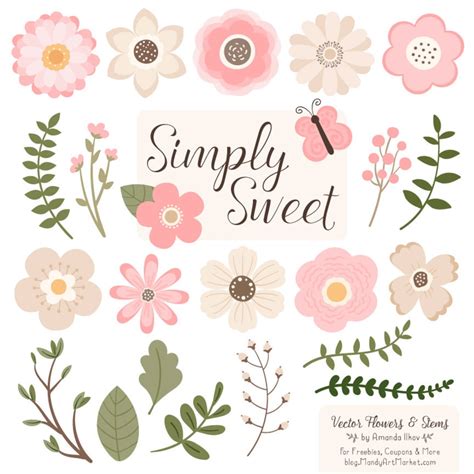 Cute Flowers Clipart in Soft Pink Soft Pink Vector Flowers, Soft Pink ...