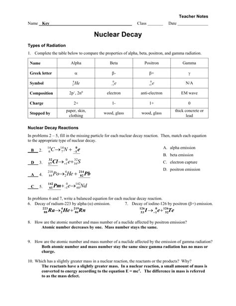 Nuclear Decay Worksheet Answers Key - Wordworksheet.com