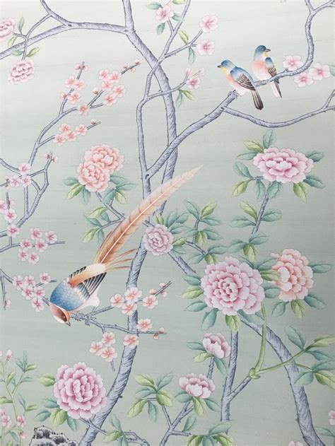 Chinoiserie Handpainted Wallpaper on Celedon Green Silk: One | Etsy ...