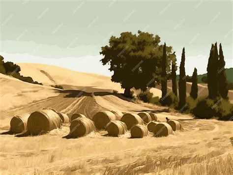 Premium AI Image | A drawing of a field with hay bales and trees in the ...