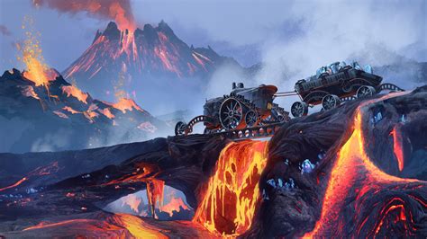 Scifi Steampunk Mountain Vehicle Mining Lava Wallpaper,HD Artist ...