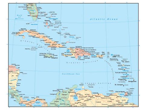 Caribbean Map with Countries, Cities, and Roads