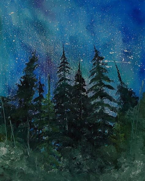 Pine tree painting Landscape Original Art Dark Night Forest Night ...