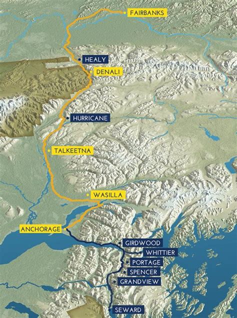 A map highlighting the Denali Star route on the Alaska Railroad from ...