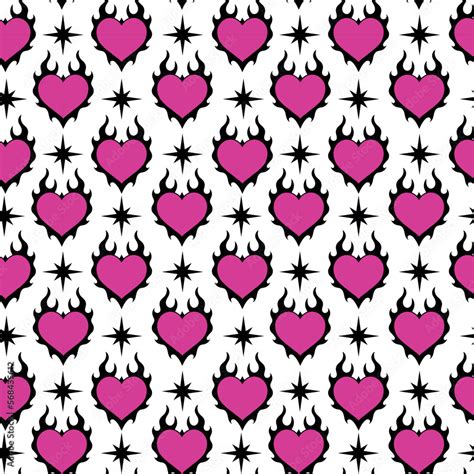 Emo goth semless pattern with heart in flame and stars. Y2k wallpaper ...