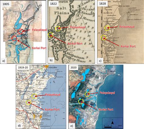 Comparison of maps of mouth of river Thamirabarani; a) Large-scale map ...