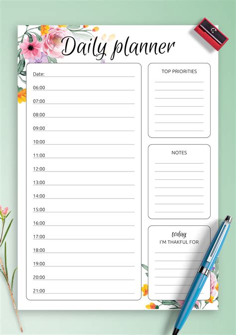 Download Printable Daily hourly planner with flowers PDF