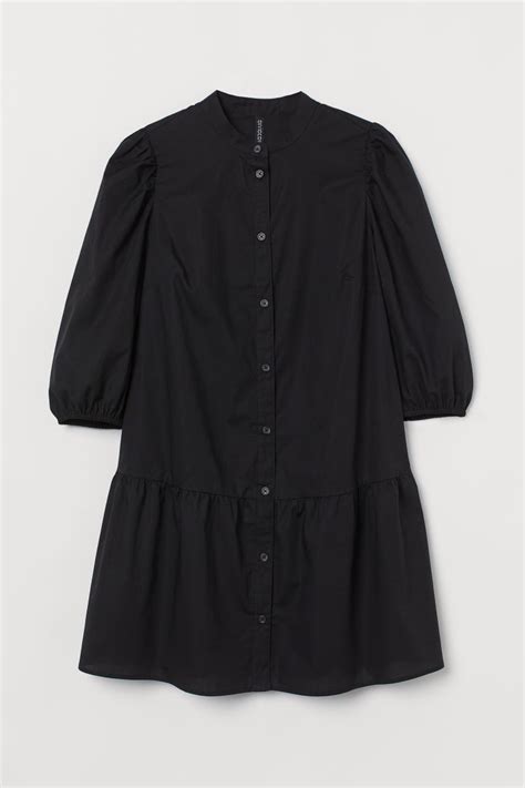 Cotton Dress - Round Neck - 3/4 sleeve - Black - Ladies | H&M US