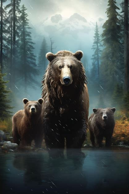 Premium AI Image | a painting of bears in the woods by person