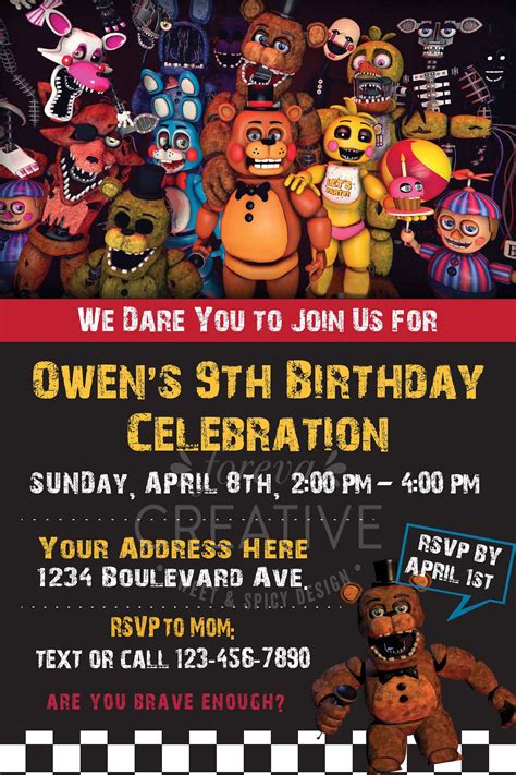 4x6 or 5x7 FNAF Birthday Invitation Five Nights at Freddy's Free ...