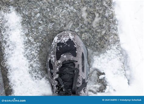 Shoe in the Fresh Fluffy Snow. Top View of Footprint in Winter Season ...