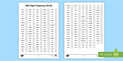 200 High Frequency Words Checklist - Word Recognition