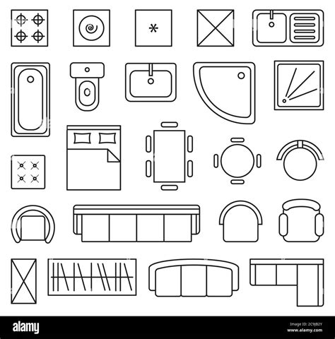 Vector set of outline isolated interior design floor plan objects icons ...