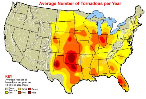 USA map showing the average number of tornadoes per year per 10,000 ...